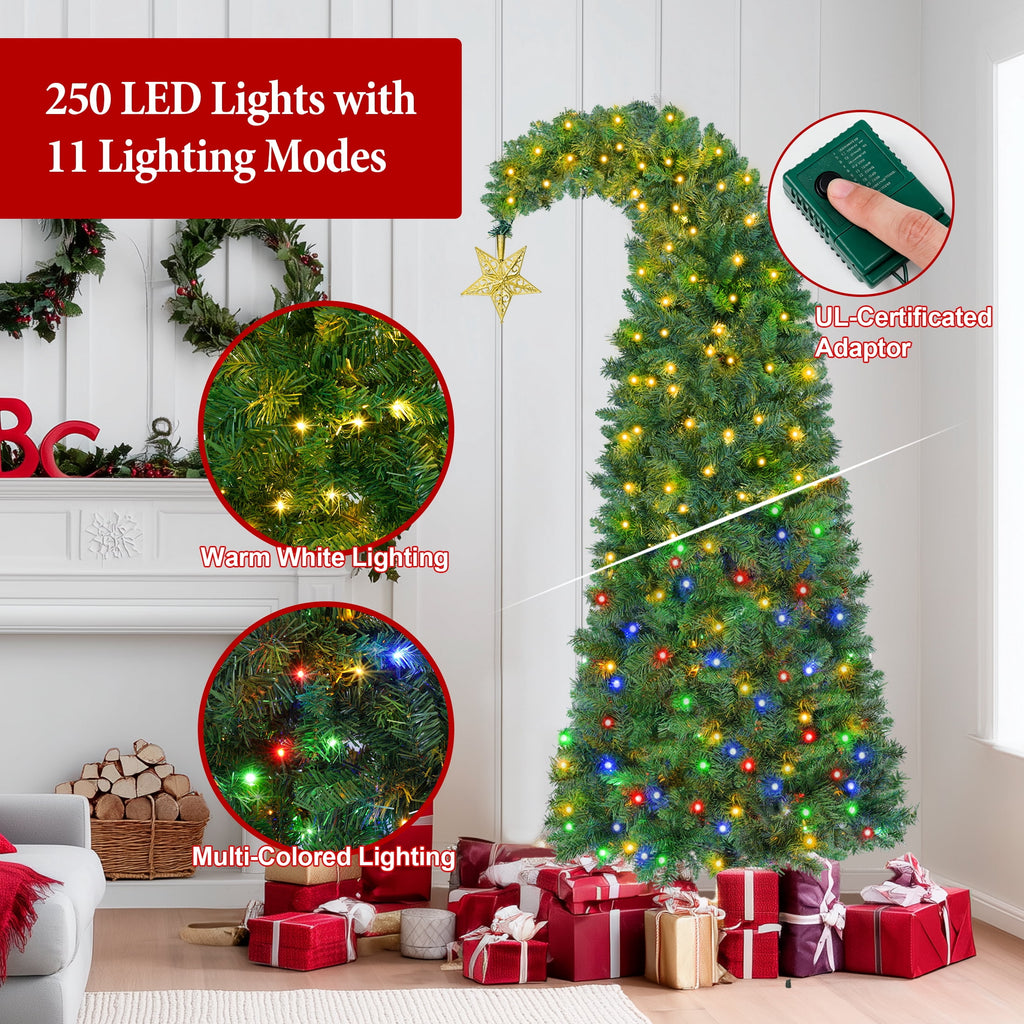 Firstness 6Ft Christmas Tree Crooked Neck, Prelit Artificial Xmas Tree with 250 Colorful Lights & 11 Modes, 825 Branch Tips, Storage Bag, PVC Bendable Top Christmas Tree