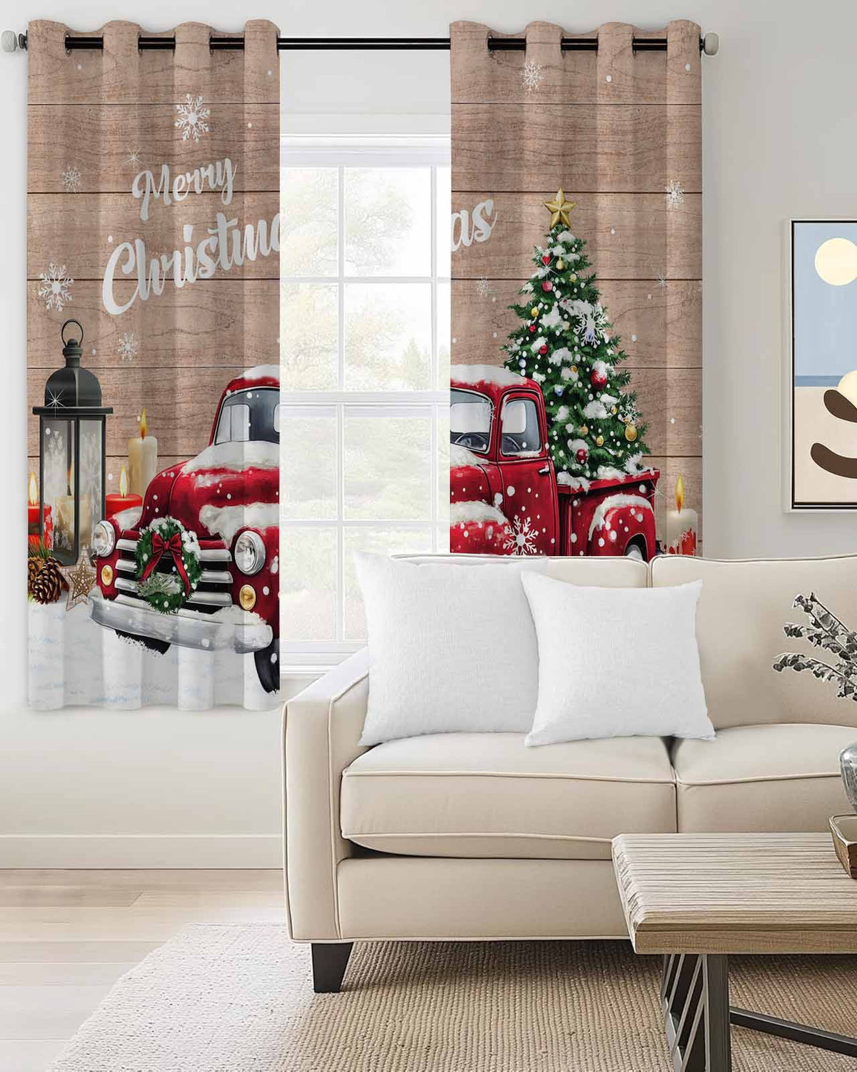 Red Truck Christmas Blackout Curtains 63 Inches Long for Bedroom,Xmas Tree Snowflake Gifts Winter Wooden Thermal Insulated Room Darkening Black Out Window Curtain Panels Grommet Living Room Drapes