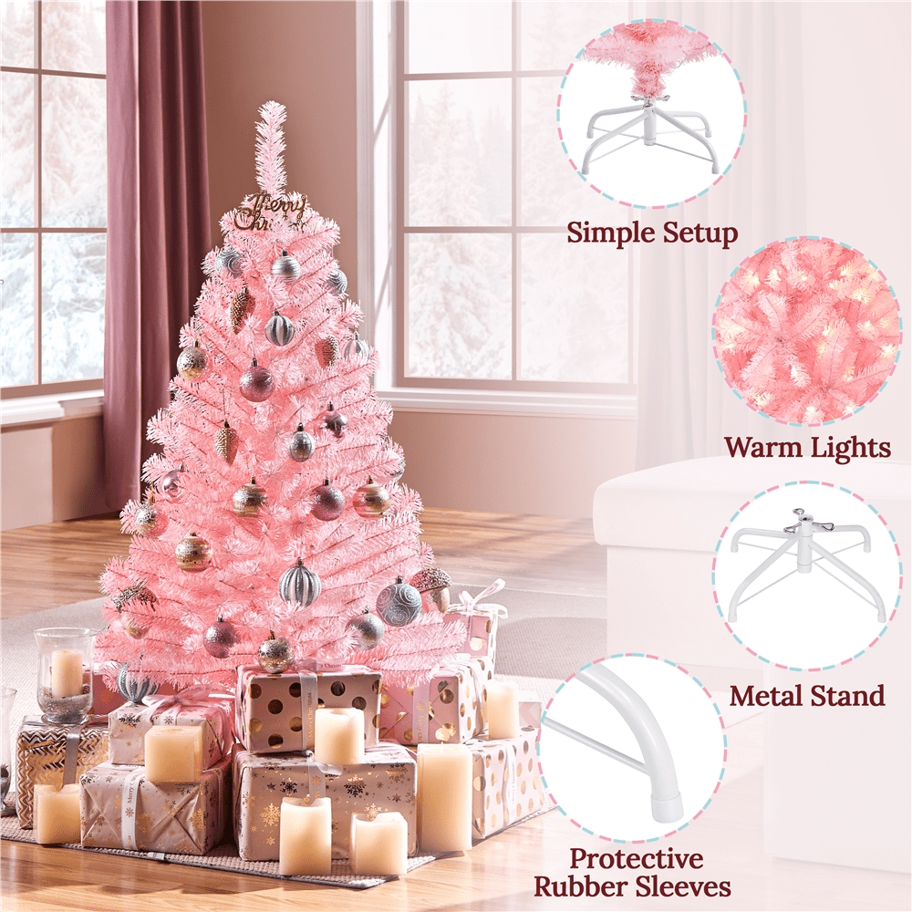Alden Design 4ft Pre-lit Artificial Christmas Tree with 70 Incandescent Lights, Pink