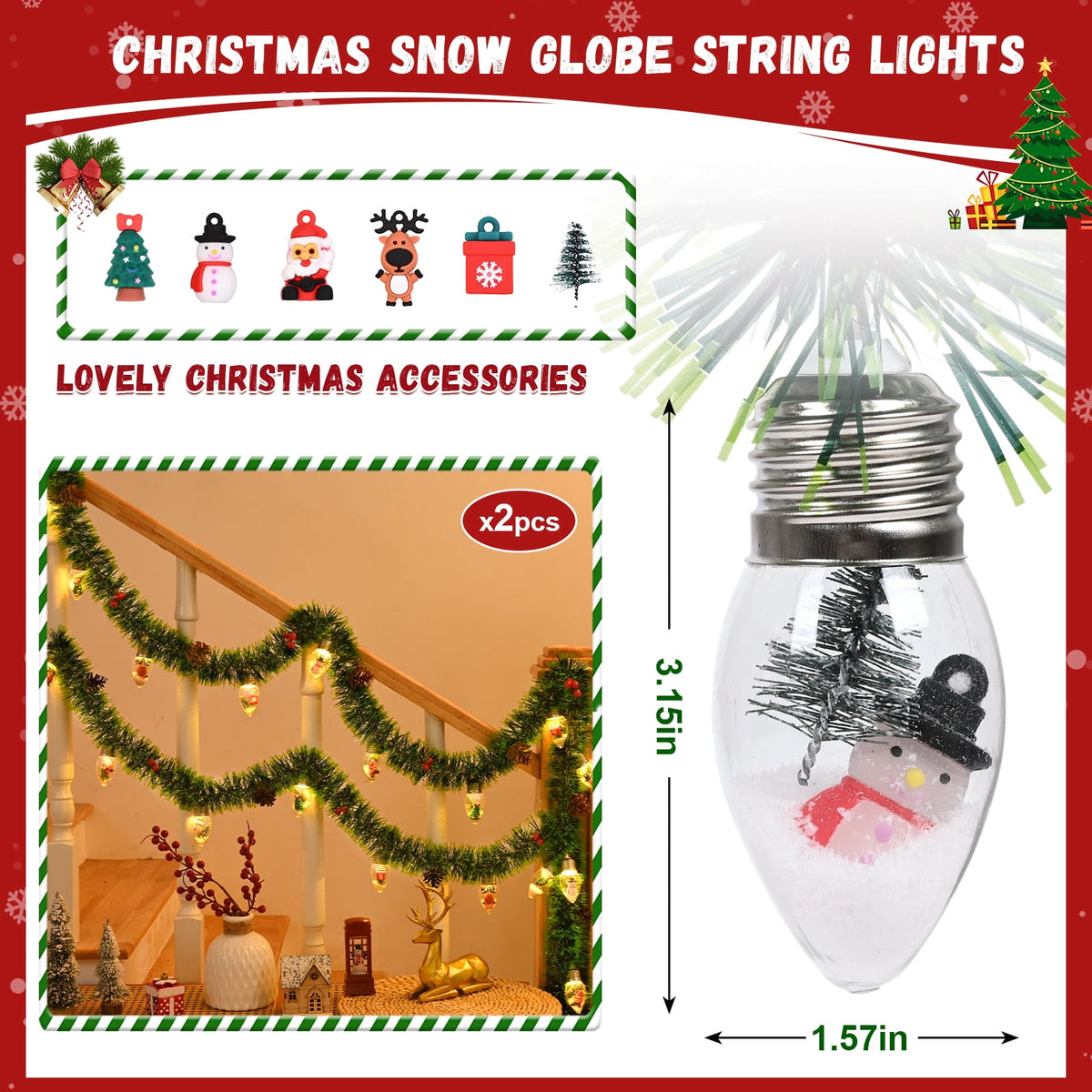 DAZLUTE 2pcs Christmas Snow Globe String Lights Indoor Decorations String Light for Christmas Tree Snow Scene Decor for Home Bedroom Fireplace Xmas Lights