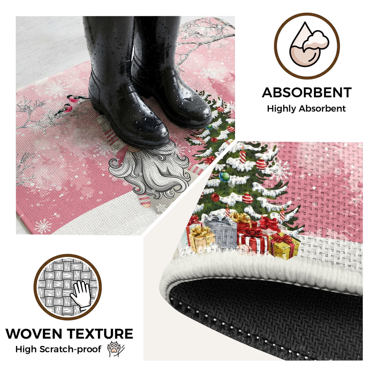 Pink Gnomes Christmas Washable Area Rugs for Living Room Bedroom, Large Non Slip Indoor Floor Carpet Absorbent Xmas Tree Gifts Winter Snowflake Birds Door Mat Rugs for Bathroom Entryway 47.2"x63"