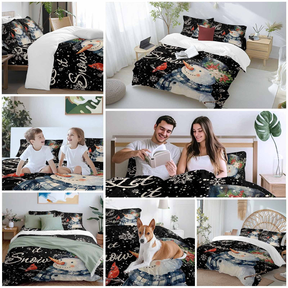 Christmas Watercolor Bedding Duvet Cover Set Queen Size 4 Pieces Snowman Snowflakes Black Vintage Bedding Set with Zipper Closure, 1 Comforter Cover 90x90 Inches 1 Flat Sheet & 2 Pillow Cases