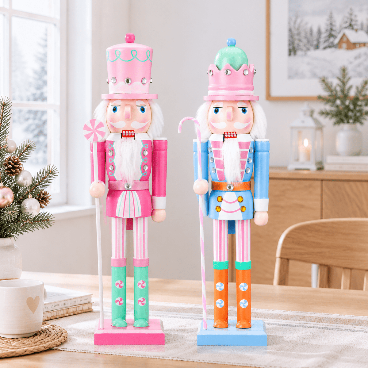 2 Pastel Nutcracker Christmas Figures, Festive Holiday Decor for Home