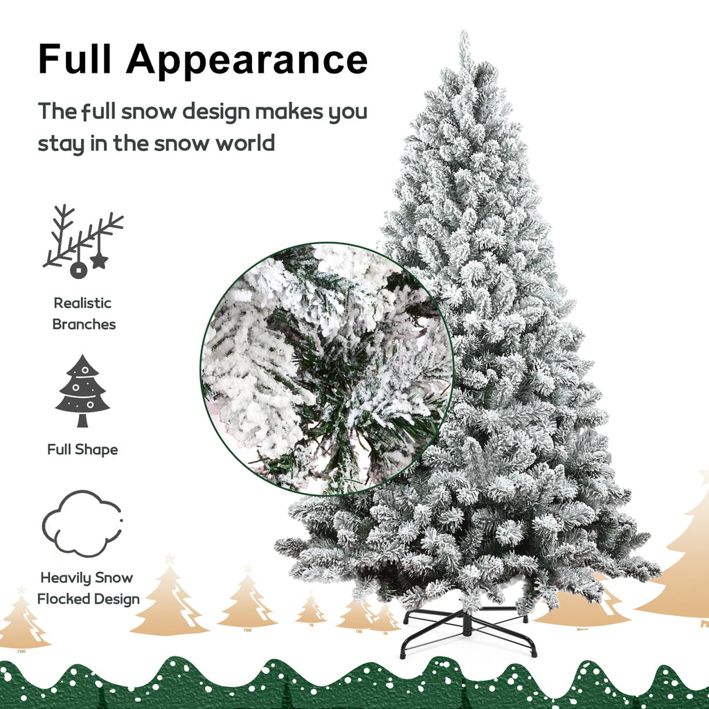 7FT Artificial Snow Flocked Christmas Tree, Unlit Artificial Christmas Pine Tree with 800 Branch Snow Tips and Metal Stand, Holiday Xmas Pine Tree for Indoor Outdoor Home Office Party Decoration