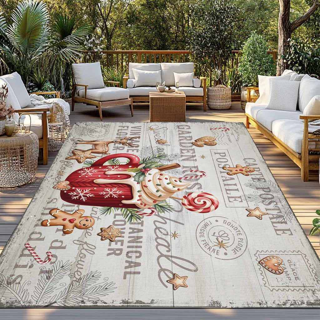 Christmas Outdoor Rug for Patio/Deck/Porch, Non-Slip Large Area Rug 6 x 9 Ft, Xmas Deer Ice Cream Cookies Candy Pine Needles Indoor Outdoor Rugs Washable Area Rugs, Camping Rug Carpet Runner