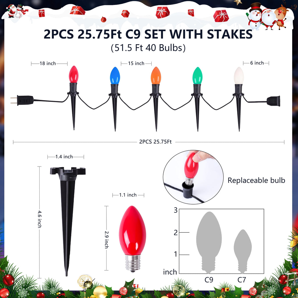 ALLJOY 2 Pack Total 51.5 Ft 40 Bulbs C9 Christmas Pathway Lights with Stakes, Outdoor Christmas String Lights,Christmas Decorations for Yard Walkway Sidewalk, Halloween& Christmas Lights