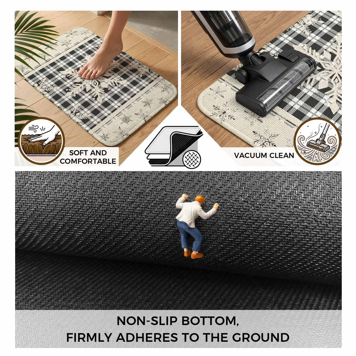 Christmas Snowflake Washable Area Rugs for Living Room Bedroom, Large Non Slip Indoor Floor Carpet Absorbent Low Pile Black Plaid Xmas Winter Rustic Door Mat Rugs for Bathroom Entryway 63"x78.7"
