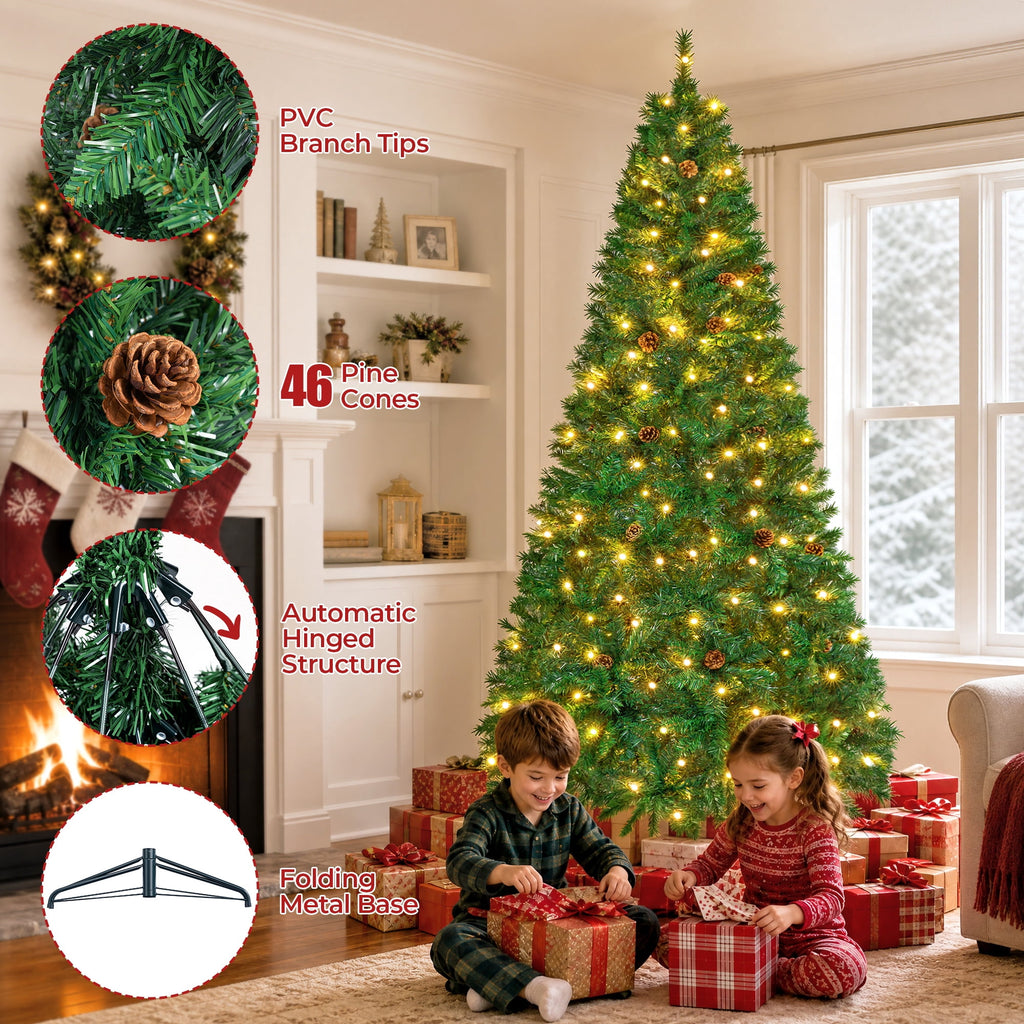 Firstness 6ft Pre-Lit Christmas Tree with 925 Branch Tips, Green Artificial Xmas Tree with Pine Cones, 8 Lighting Modes