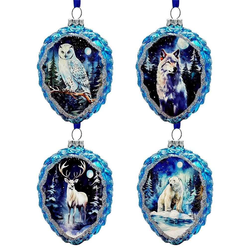 Arctic Animal Illustration Pinecone Glass Christmas Ornament Set