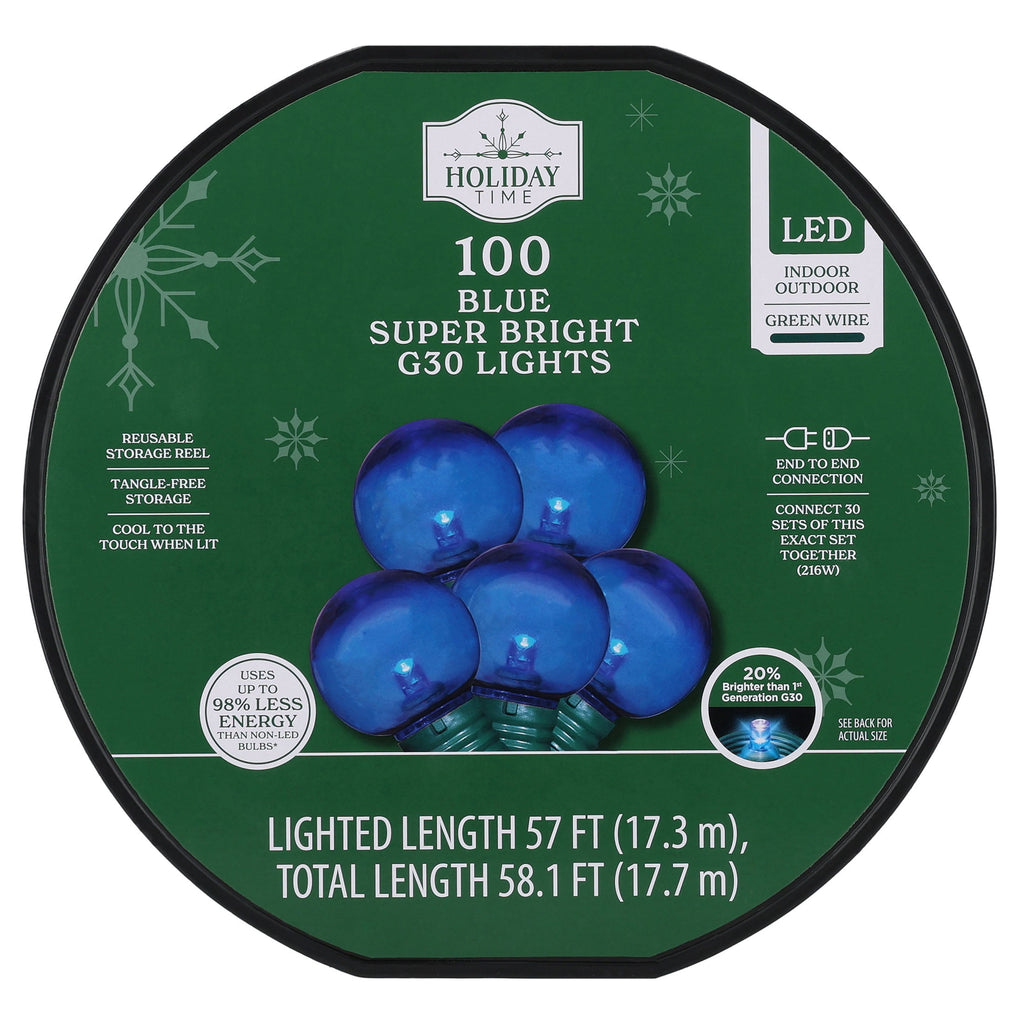 Indoor/Outdoor 100-Count LED Super Bright G30 Christmas String Lights, Warm White, Green Wire, 57', by Holiday Time