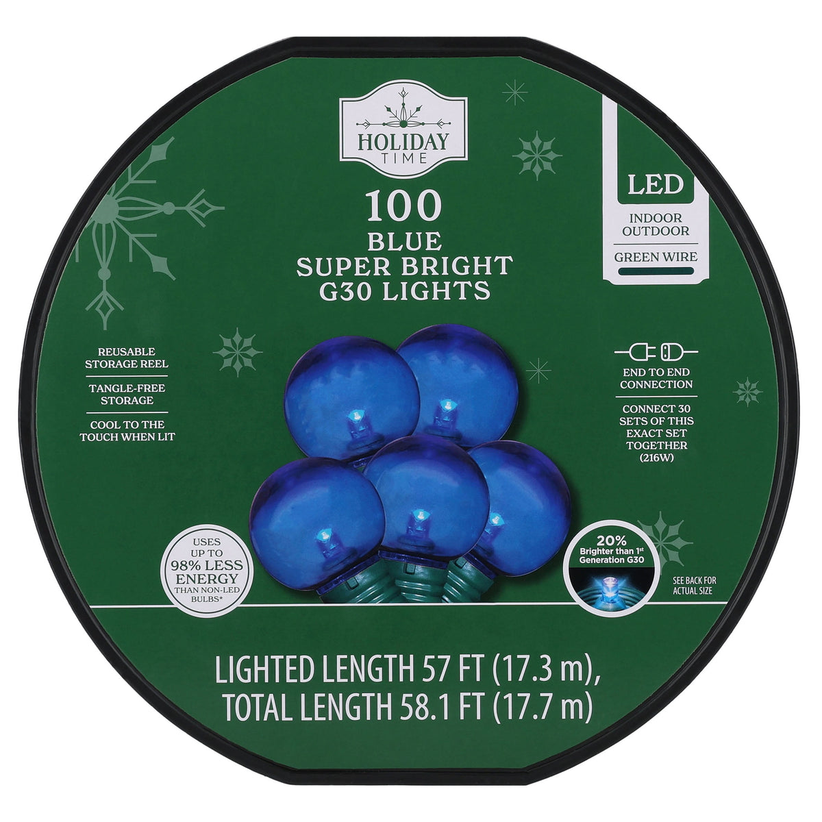 Indoor/Outdoor 100-Count LED Super Bright G30 Christmas String Lights, Warm White, Green Wire, 57', by Holiday Time