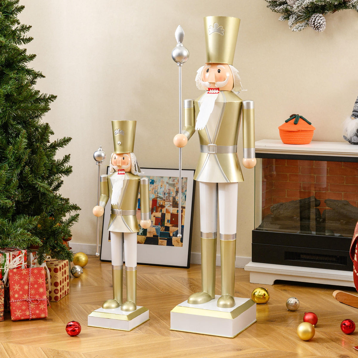 32.5 Inch Christmas Nutcracker Figure With High Hat and Scepter, White and Golden Holiday Home Decor