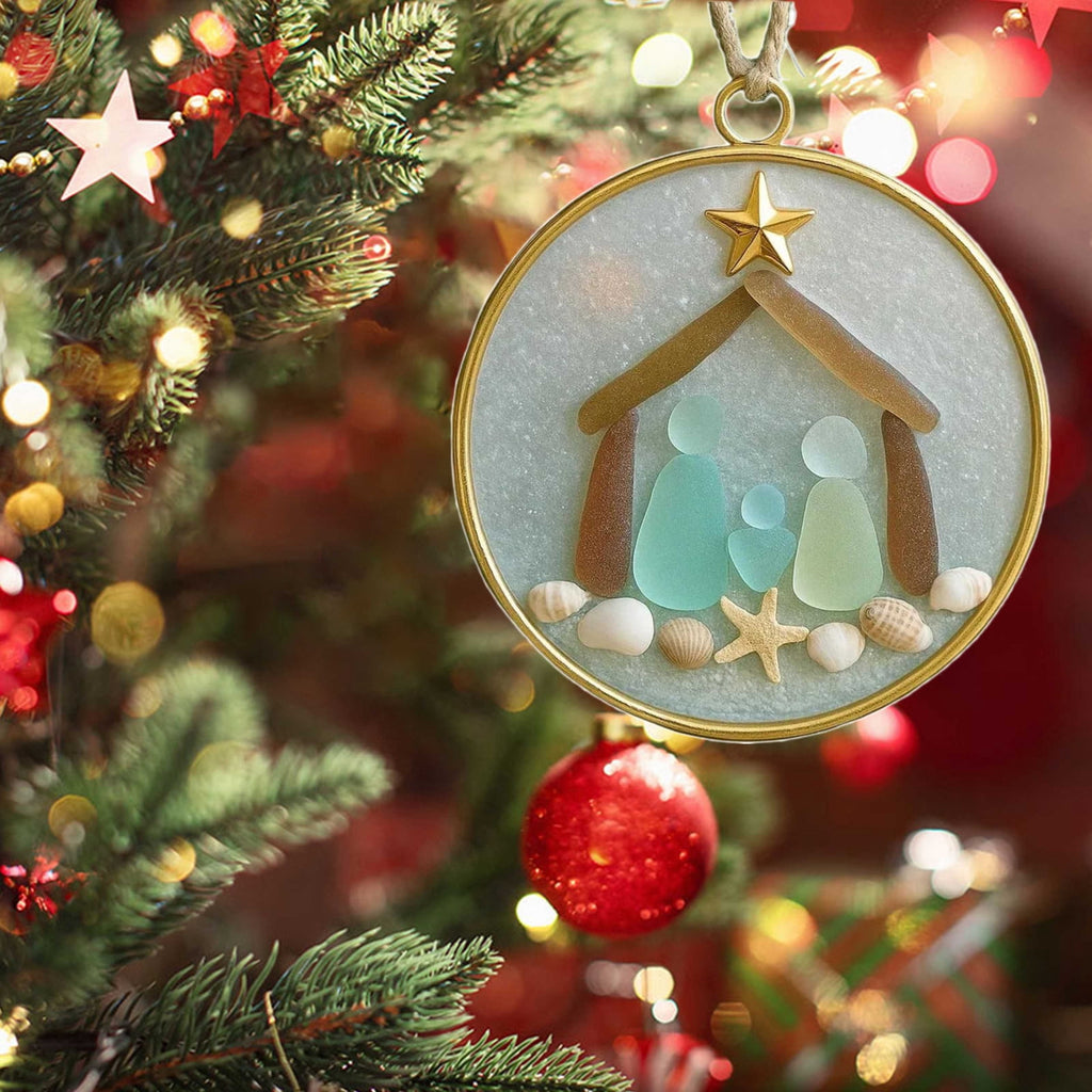 DAMAI Sea Glass Nativity Christmas Ornament,Hanging Sea Glass Nativity Christmas Tree Decoration,Coastal Inspired Sea Glass Nativity Ornament,Handmade Nativity Scene, with Shells and Starfish
