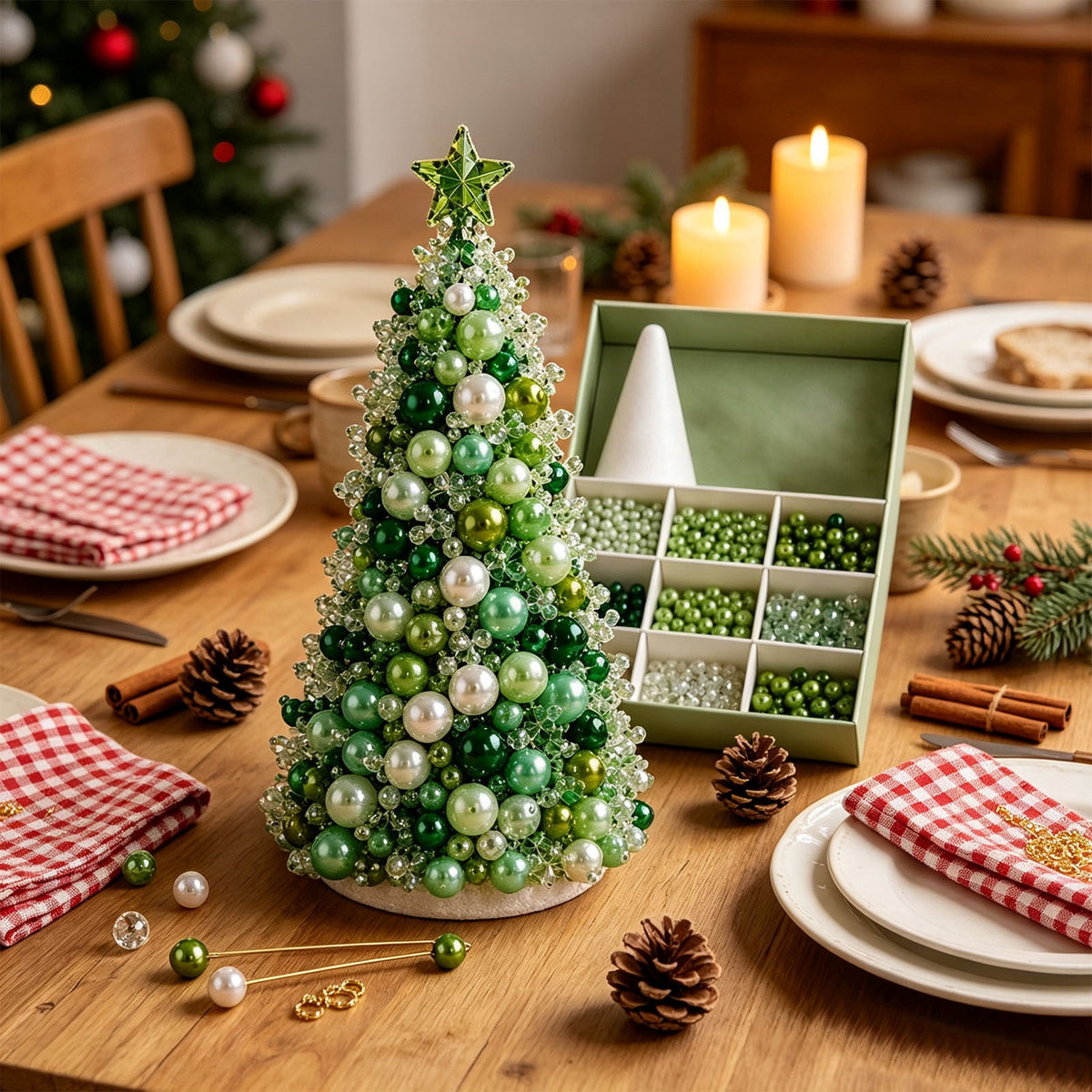 DIY Beaded Christmas Tree Kit - Handmade Mini Tabletop Xmas Tree with Santa Topper, Built-In Warm Lights, Holiday Decor Craft Gift for Adults