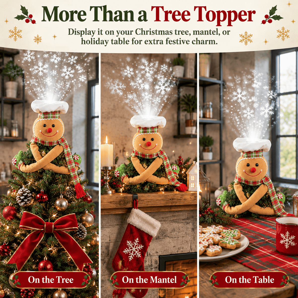 Gingerbread Man Christmas Tree Topper with Rotating LED Snowflake Projector, Green White