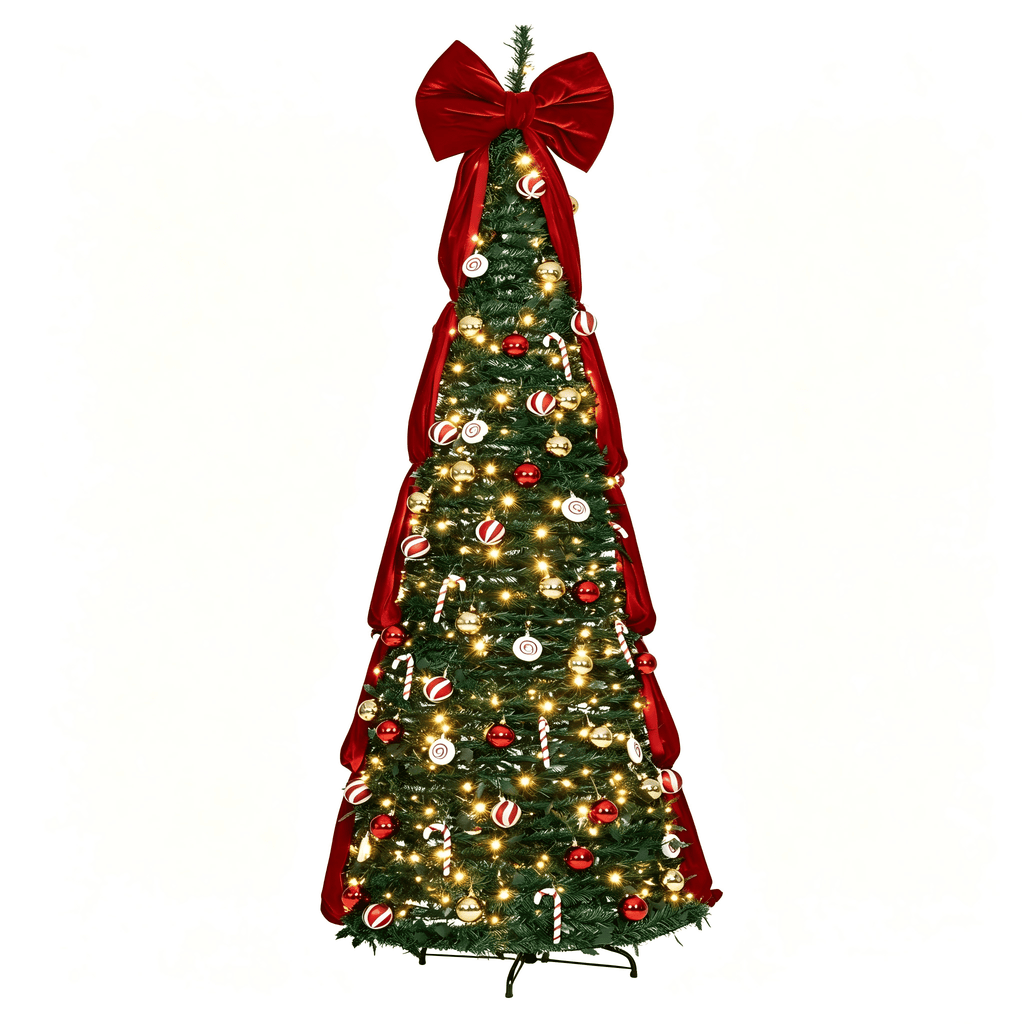 Firstness Christmas Tree 6FT, Pop up Pre Decorated Pre Lit Artificial Xmas Tree with 200 LED Lights, Large Bow & Ornaments, Lighted Christmas Tree with Storage Bag, Easy Installation