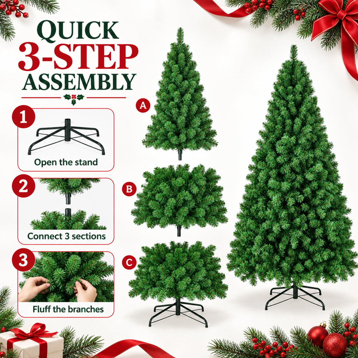 Vebreda Christmas Tree 6ft Artificial Hinged Xmas Tree with 1,000 Branch Tips, Green