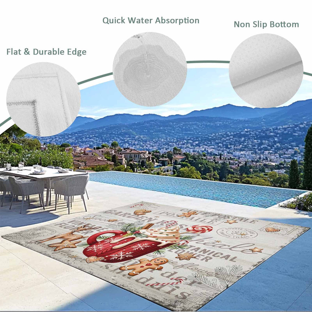 Christmas Outdoor Rug for Patio/Deck/Porch, Non-Slip Large Area Rug 6 x 9 Ft, Xmas Deer Ice Cream Cookies Candy Pine Needles Indoor Outdoor Rugs Washable Area Rugs, Camping Rug Carpet Runner