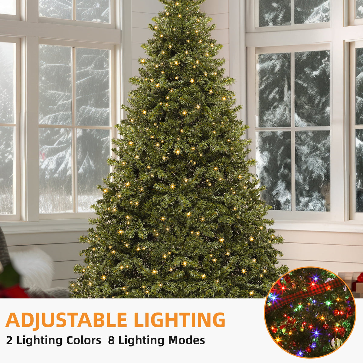Uforic 7.5ft Pre-Lit Artificial Christmas Tree,Holiday Decoration Christmas Tree with 1346 Branch Tips, 550 Warm Lights, for Home, Office, and Party, Green
