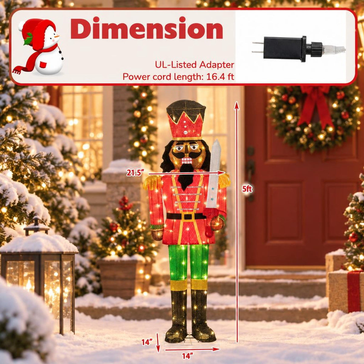 RUIE Lighted Christmas Nutcracker with Glitter Sword for Outdoor, 5 FT, Multi-color, 21.5" x 5 ft Overall, Metal Tinsel Construction
