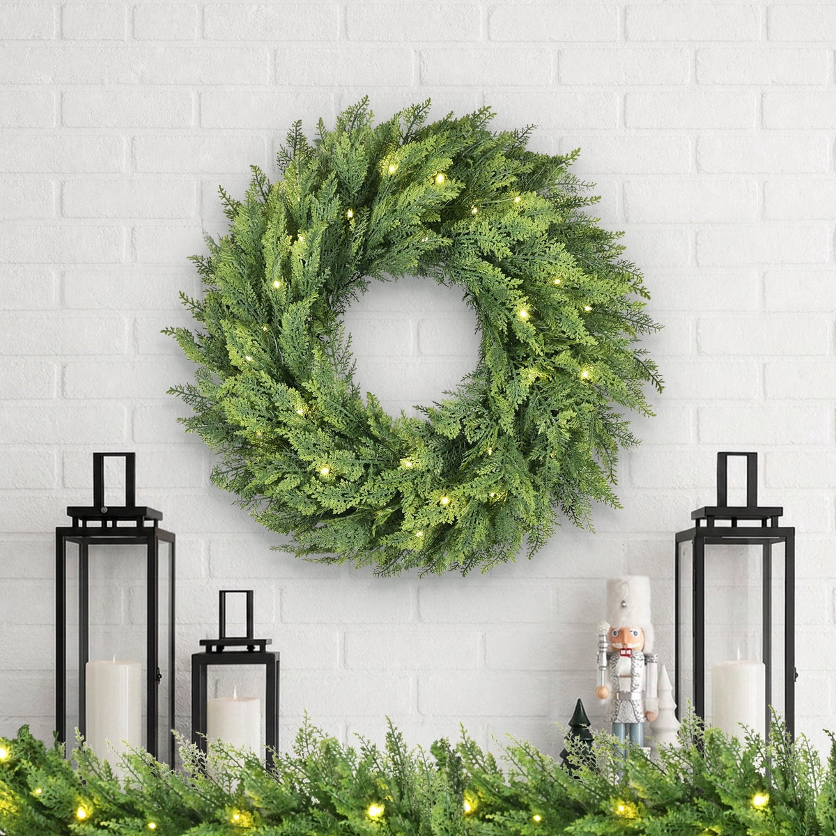My Texas House Pre-Lit Cypress Artificial Christmas Wreath, Green, 24"
