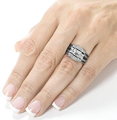 Gems Jewels 925 Sterling Silver 2.40 Ct Princess Cut White & Black Diamond Wedding Engagement Valentine's Anniversary Christmas Bridal Ring Set 14K White Gold Plated For Women's -5