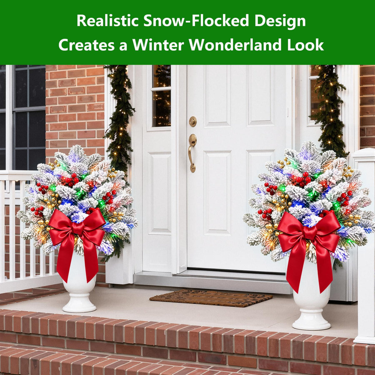 2PK Prelit Outdoor Christmas Trees Christmas Urn Pot Filler Snow Flocked Lighted Christmas Trees with 100 LED Warm White/Colorful Lights Timer 8 Modes for Front Door Porch Christmas Decoration