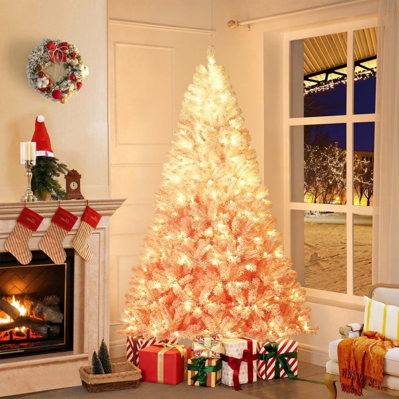 JoanKaren 7.5' Pre-Lit Green Artificial Christmas Tree,Metal Stand Full Xmas Tree with 600 Multicolor Lights