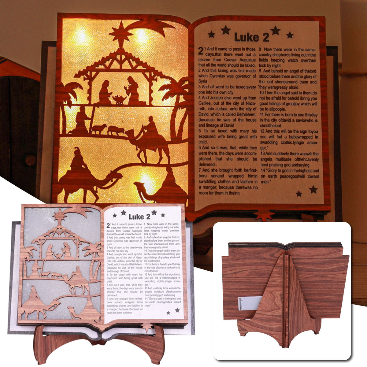 3D Christmas Wooden Nativity Scene Book Display with Light, Wooden Nativity Set, Nativity Scene Decorations with LED Light for Shelves Decorations