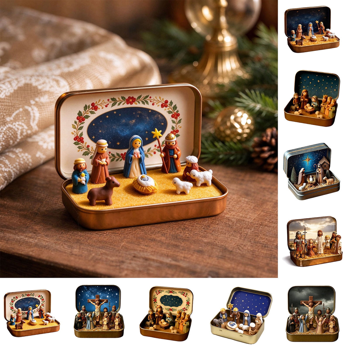 Daghihgewr Mini Christmas Nativity Set Tabletop Tin Box Multicolor Indoor Religious Ornament 1-Count 3.9 x 2.8 x 1.2 Inch