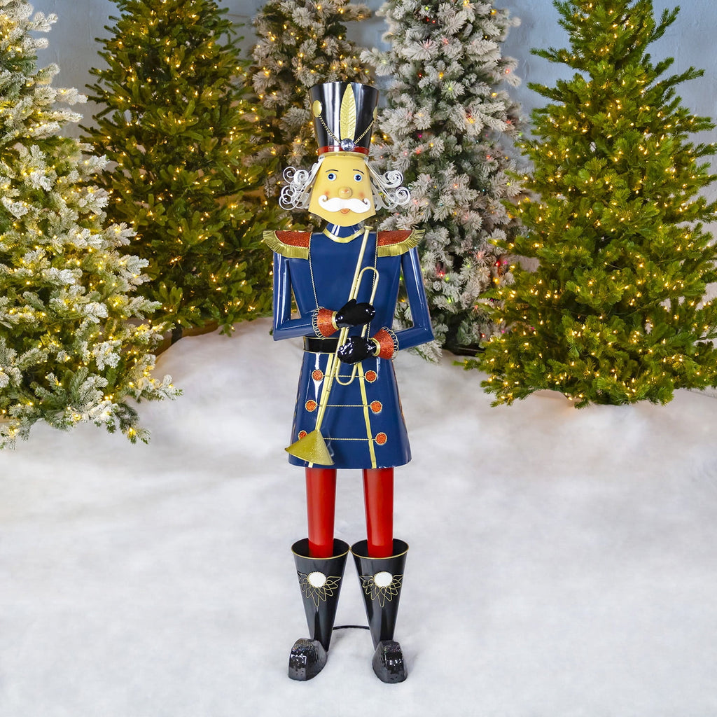 59” Tall Iron Christmas Green Nutcracker Holding Drum “Leo”