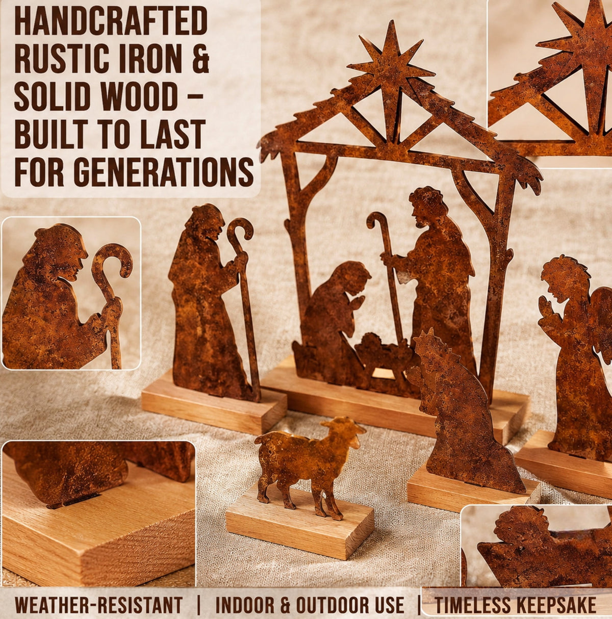DIFELOP Christmas Table Decoration, Rustic Metal Nativity Scene with Wooden Base, 8-Piece Iron Craft Set for Home Decor, Vintage Style, Brown