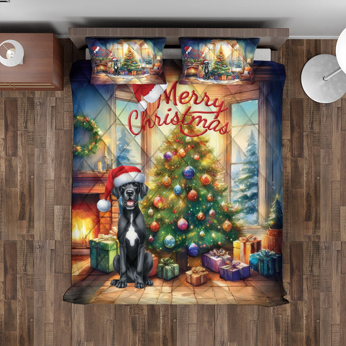Merry Christmas French Bulldog Santa Hat Xmas Tree Winter Holiday Quilt Bedding Set Dog Lover Gifts 1 Blanket Bed Cover 2 Pillowcases - 01013