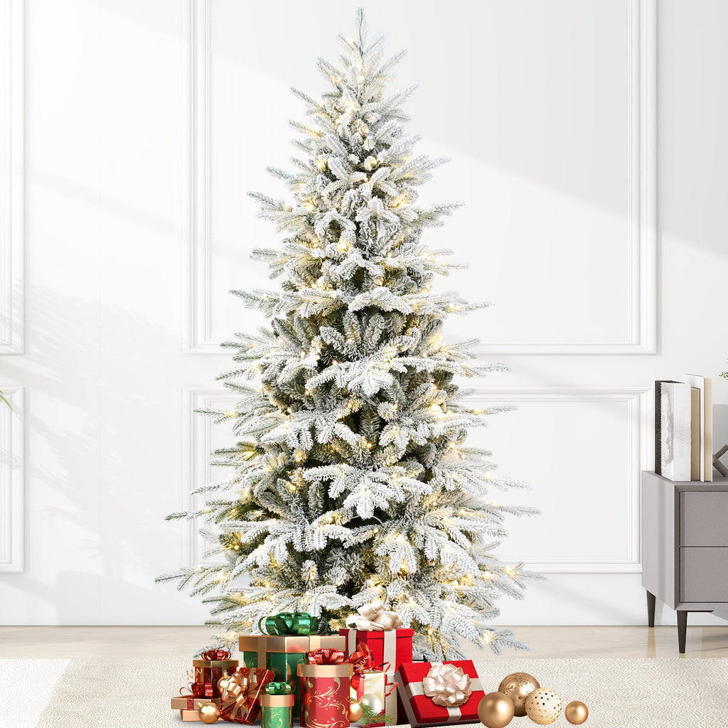 Makeatree 6 ft Prelit Snow Flocked Christmas Tree Frosted Artificial Xmas Tree with Multicolor Lights &1582PE PVC Tips, 9 Color Modes
