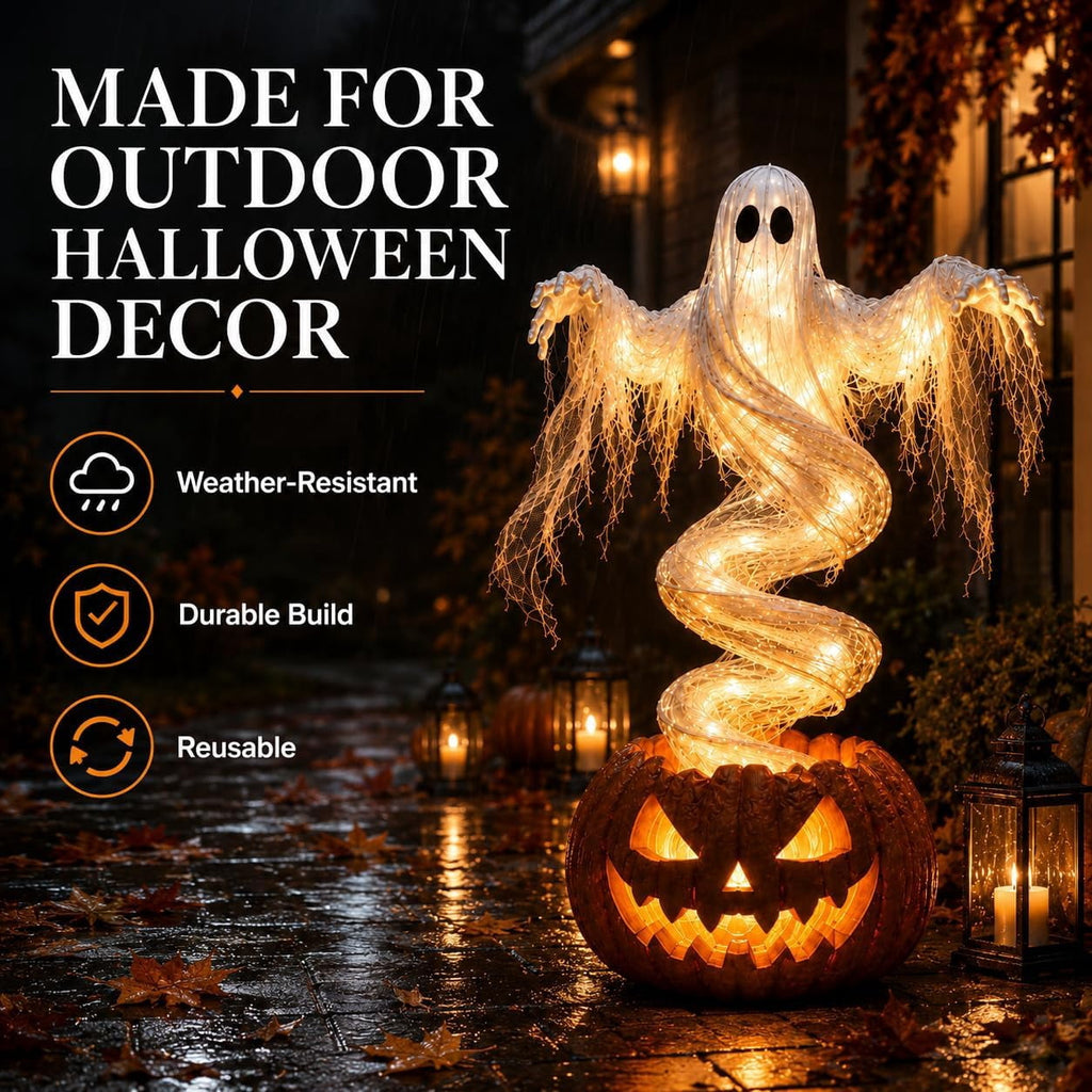 Swirling Ghost Pumpkin Yard Lamp, Outdoor Porch Decoration with Rotating Light Effect