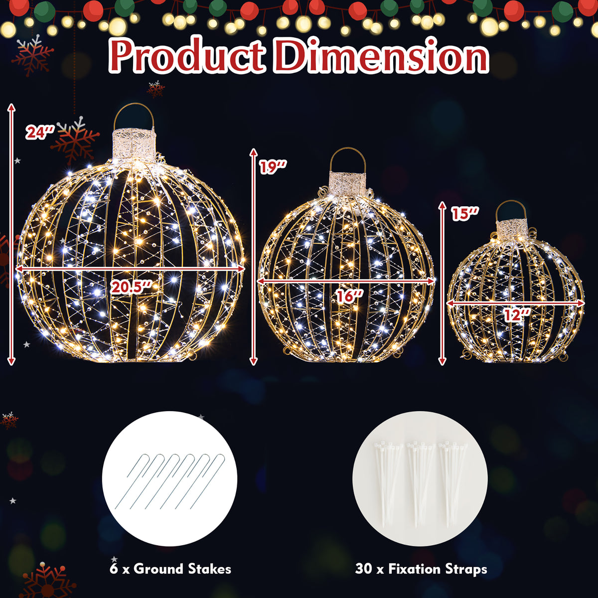 Gymax Set of 3 Christmas Globe Light Hanging Tree Light Ball Decor w/ Steel Frame & LED Lights