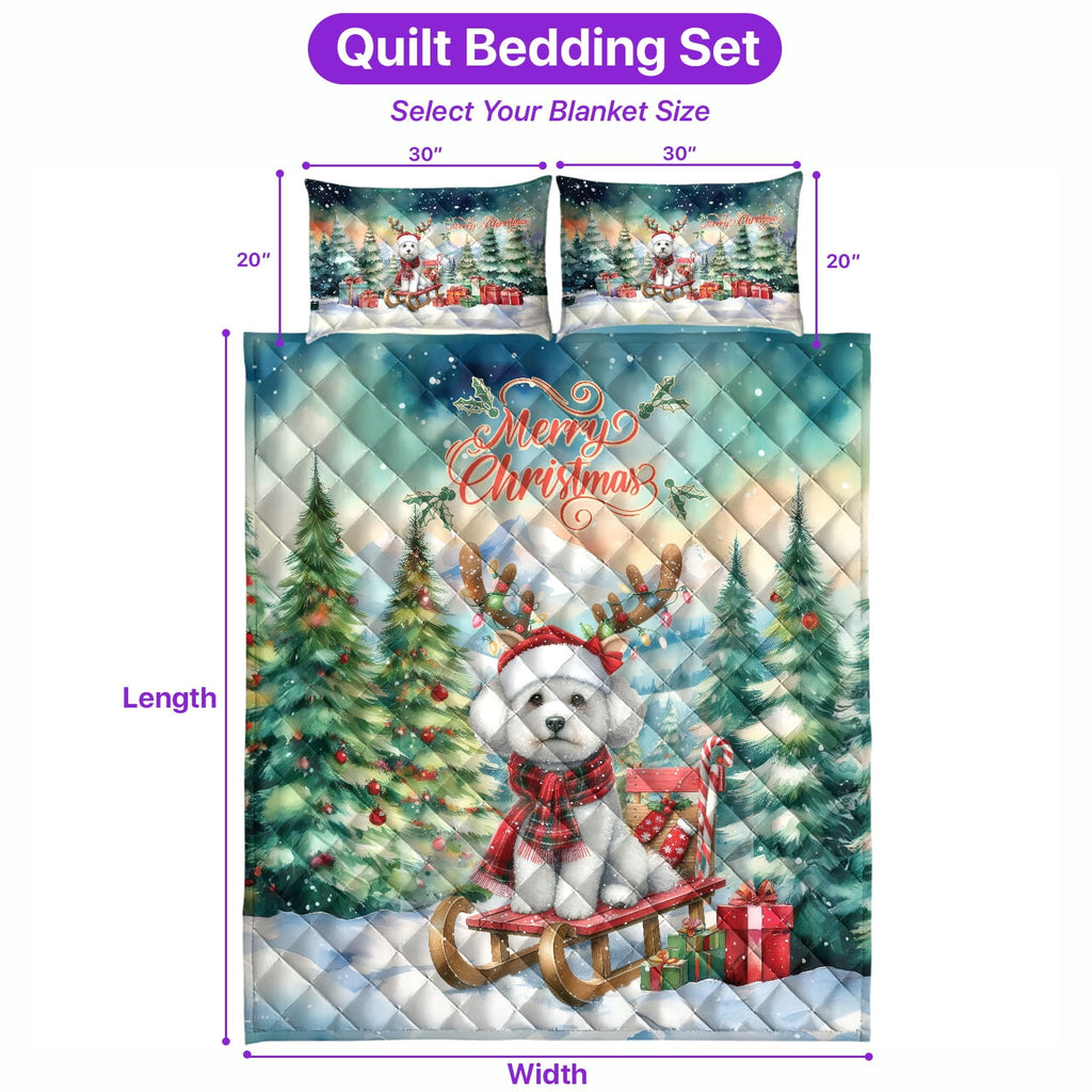 Merry Christmas Santa Reindeer Antlers French Bulldog Sleigh Xmas Winter Holiday Quilt Bedding Set Dog Lover Gifts 1 Blanket Bed Cover 2 Pillowcases - 00023