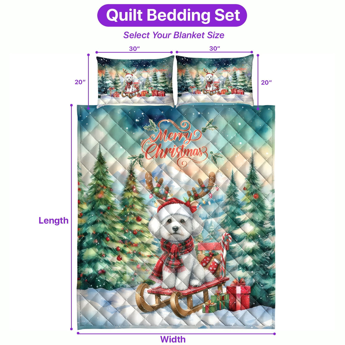 Merry Christmas Santa Reindeer Antlers French Bulldog Sleigh Xmas Winter Holiday Quilt Bedding Set Dog Lover Gifts 1 Blanket Bed Cover 2 Pillowcases - 00023