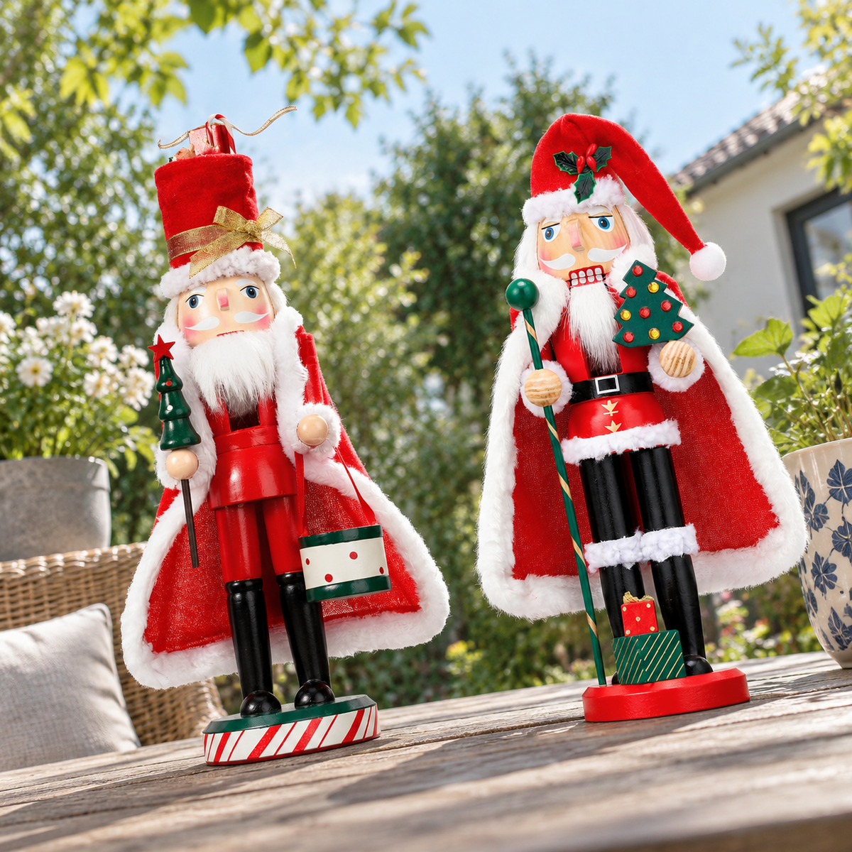 Set of 2 Wooden Christmas Nutcracker Figures, 14 Inch Santa Themed Holiday Decor