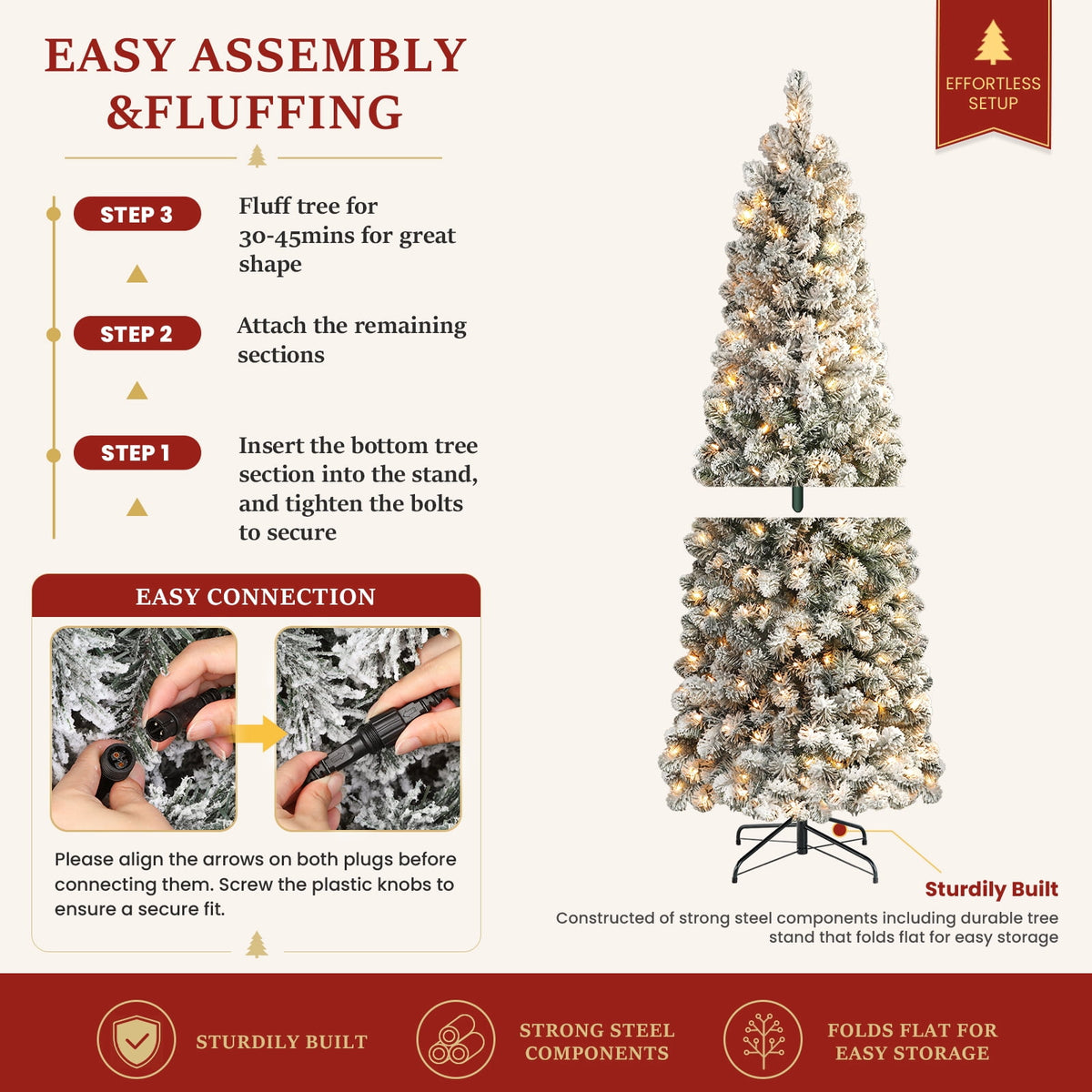 Lolsea 4.5ft Prelit Snow Flocked Artificial Pencil Christmas Tree with Warm White Lights, Full Branch Tips, Perfect Choice Decoration for Xmas Holiday