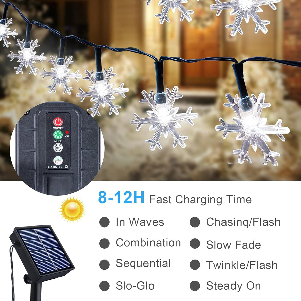 Fohil Solar Christmas Snowflake String Lights Outdoor Waterproof 100 LED Multicolor 8 Mode 39 ft for Christmas Tree Garden Fence Yard Decoration