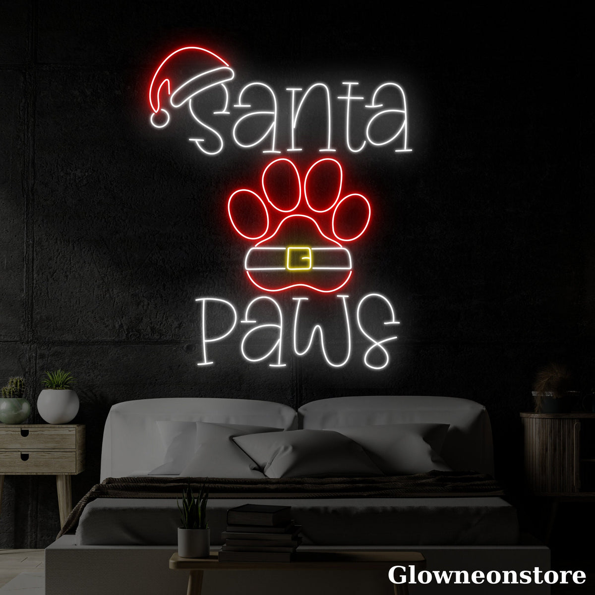 Glowneon Santa Paws Neon Sign, Santa Led Sign, Santa Hat Neon Led Sign, Christmas Decor