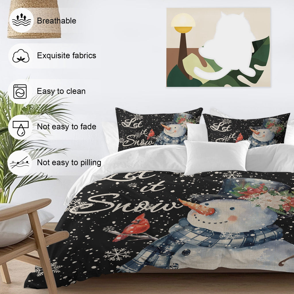 Christmas Watercolor Bedding Duvet Cover Set Queen Size 4 Pieces Snowman Snowflakes Black Vintage Bedding Set with Zipper Closure, 1 Comforter Cover 90x90 Inches 1 Flat Sheet & 2 Pillow Cases