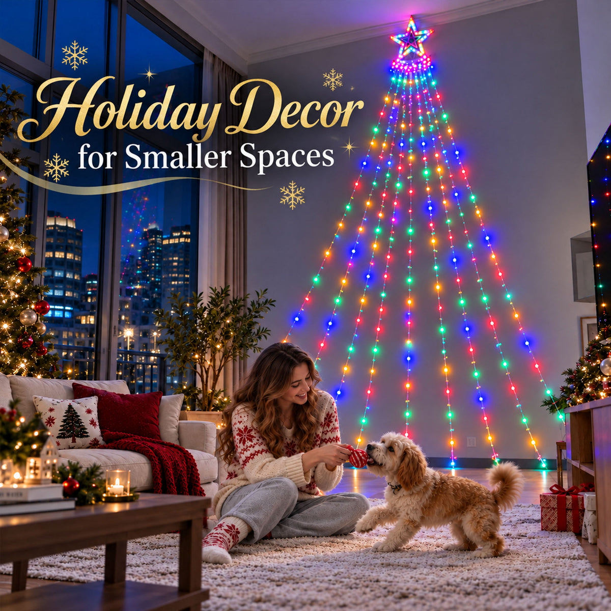 Qunler Outdoor Christmas Decoration Lights, 8 Modes & 350 LED Christmas Waterfall Fairy Tree String Lights Indoor Outdoor Holiday Lighting Decorations, Multicolor, Plug-in
