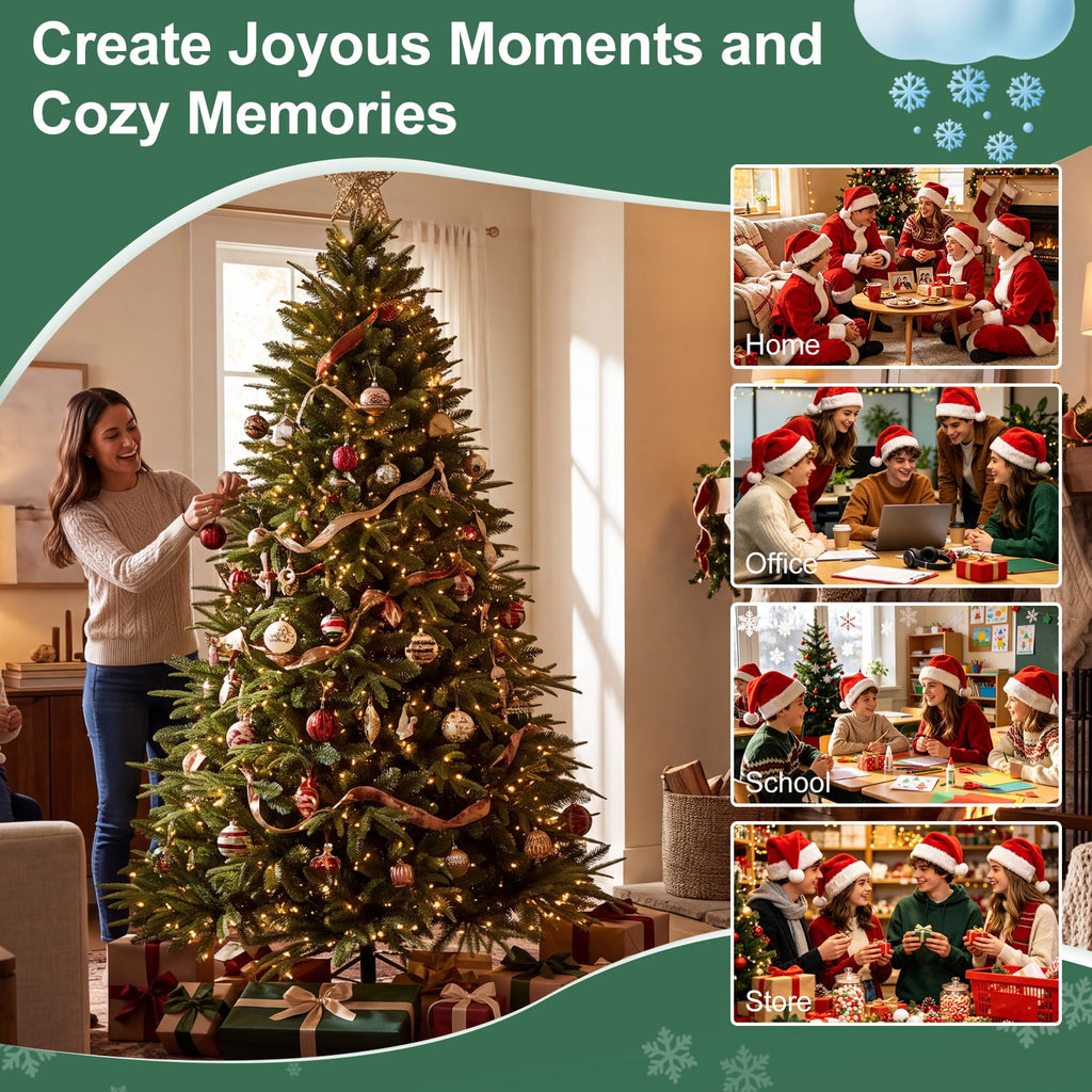 7ft Prelit Artificial Christmas Tree, 1300 PE/PVC Tips, Living Room Full Realistic Shape Spruce Xmas Tree with LED Lights, Foldable Metal Stand, Easy Assembly, for Home Office Holiday Decor