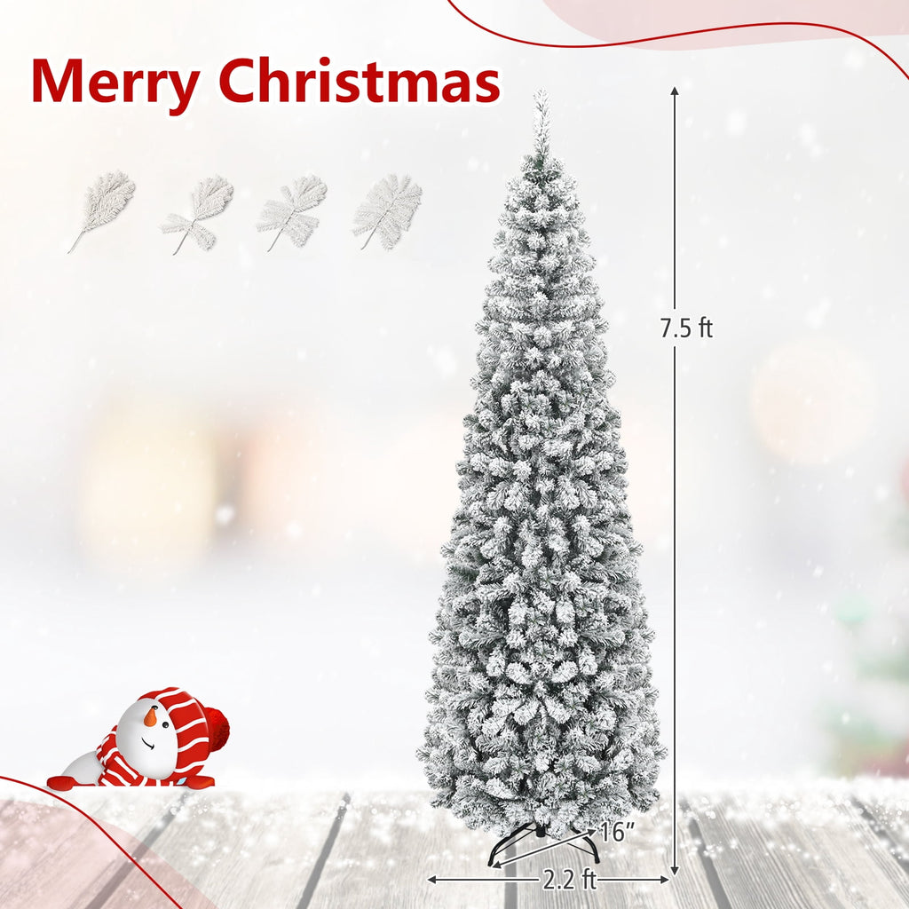 Costway 7.5 FT Unlit Flocked Pencil Christmas Tree Hinged with 641 Branch Tips