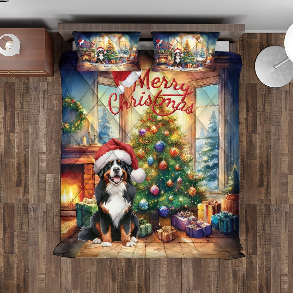 Merry Christmas French Bulldog Santa Hat Xmas Tree Winter Holiday Quilt Bedding Set Dog Lover Gifts 1 Blanket Bed Cover 2 Pillowcases - 01013