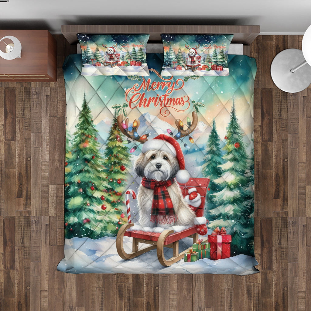 Merry Christmas Santa Reindeer Antlers French Bulldog Sleigh Xmas Winter Holiday Quilt Bedding Set Dog Lover Gifts 1 Blanket Bed Cover 2 Pillowcases - 00023