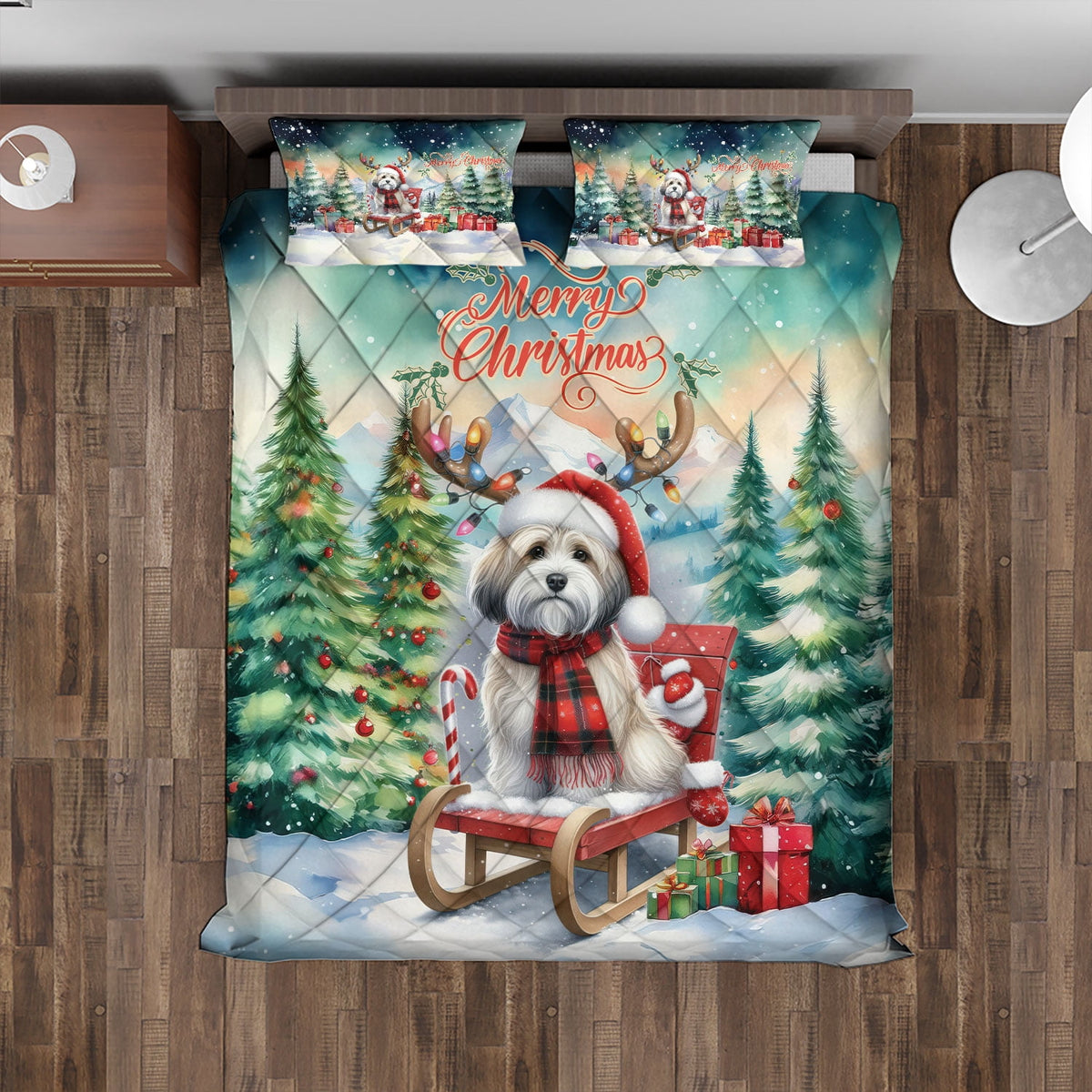 Merry Christmas Santa Reindeer Antlers French Bulldog Sleigh Xmas Winter Holiday Quilt Bedding Set Dog Lover Gifts 1 Blanket Bed Cover 2 Pillowcases - 00023