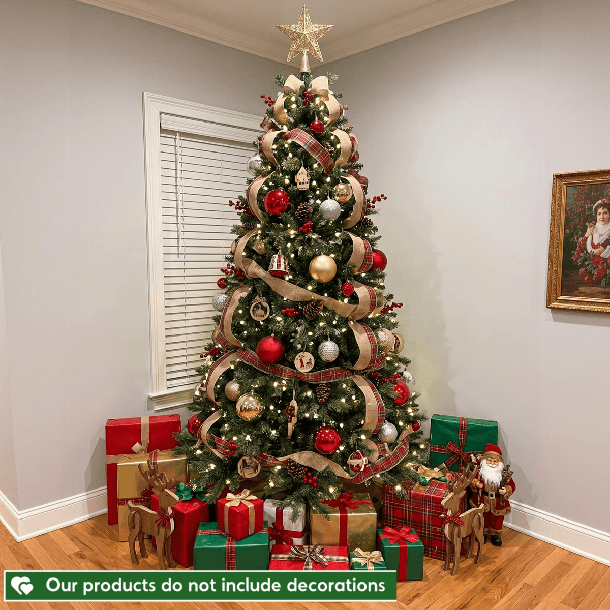 TLSUNNY 8ft Pre-lit Artificial Christmas Tree, W/ 1000 Branche Tips, 450 LED Warm Lights, Fluffy Snow Flocked Pine Tree, Metal Stand Hinged Xmas Tree for Party Holiday Decor